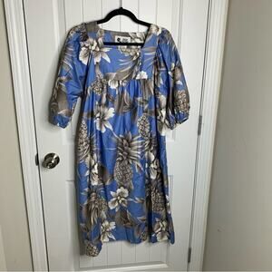 Vintage Hilo Hattie made in USA floral Hawaii tropical midi dress puff sleeves M